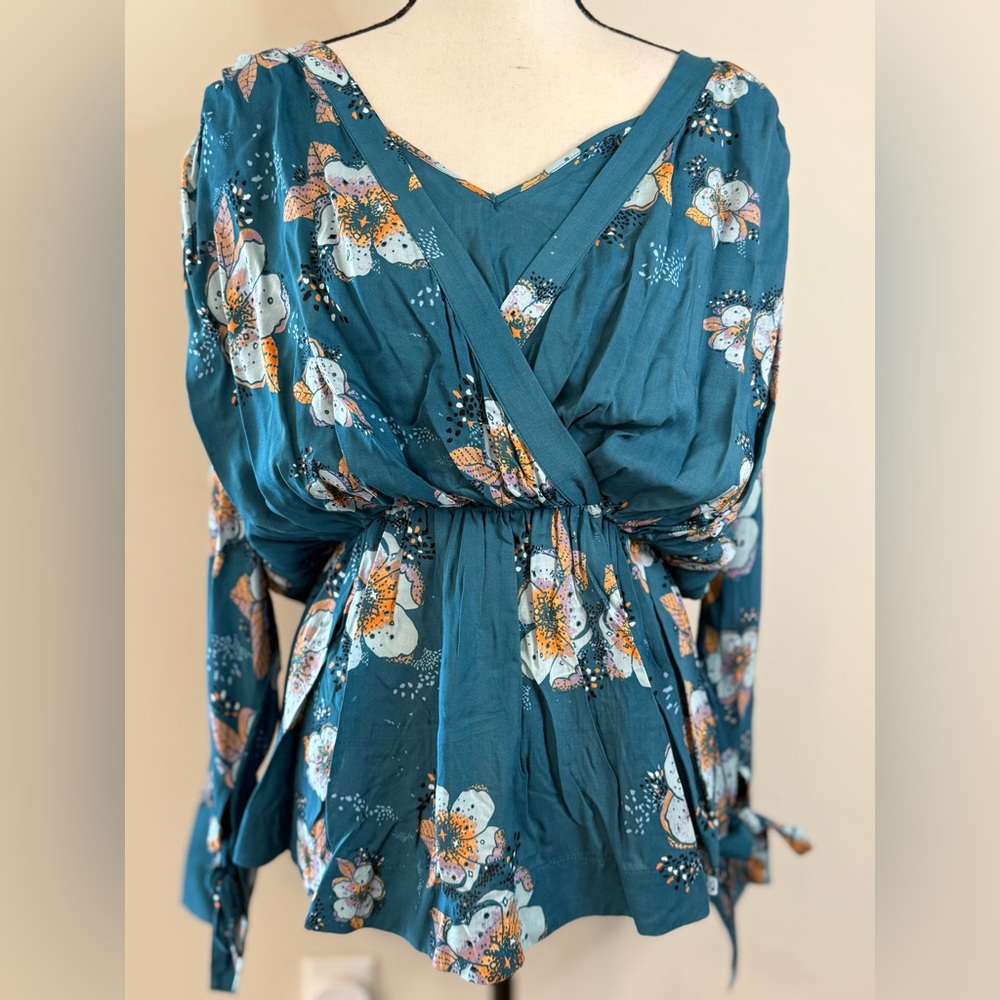 Free People teal floral boho top dolman long sleeve SZ XS - Picture 5 of 14